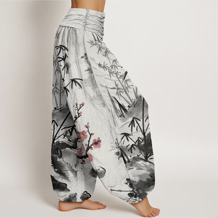 Buddha Stones Cotton Plum Blossoms Bamboo Orchids Chrysanthemums Pattern Women's Elastic Waist Harem Pants - image 2