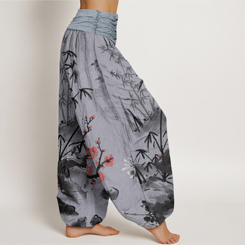 Buddha Stones Cotton Plum Blossoms Bamboo Orchids Chrysanthemums Pattern Women's Elastic Waist Harem Pants - image 9