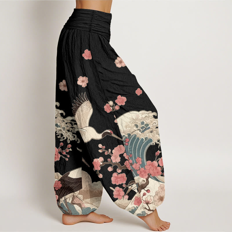 Buddha Stones Pure Cotton Cranes Peach Blossoms Ocean Women's Elastic Waist Harem Pants - image 7