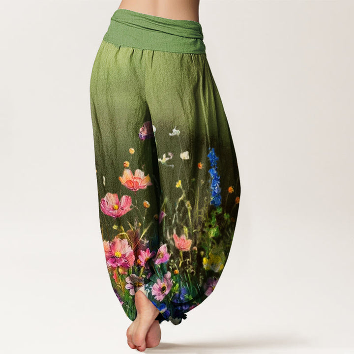 Buddha Stones Cotton Casual Watercolor Style Floral Pattern Women's Elastic Waist Harem Pants - image 5