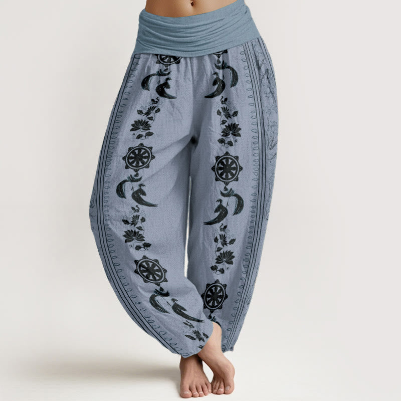Buddha Stones Pure Cotton Dharma Wheel Lotus OM Pattern Women's Elastic Waist Harem Pants - LightSteelBlue - US22，UK/AU26，EU54 (6XL) - image 0