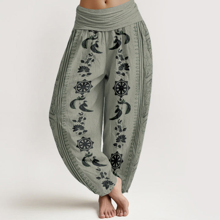 Buddha Stones Pure Cotton Dharma Wheel Lotus OM Pattern Women's Elastic Waist Harem Pants - DarkSeaGreen - US22，UK/AU26，EU54 (6XL) - image 5