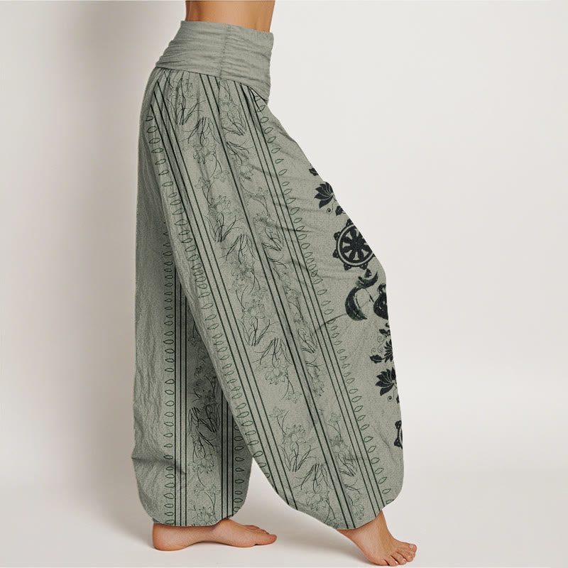 Buddha Stones Pure Cotton Dharma Wheel Lotus OM Pattern Women's Elastic Waist Harem Pants - image 7