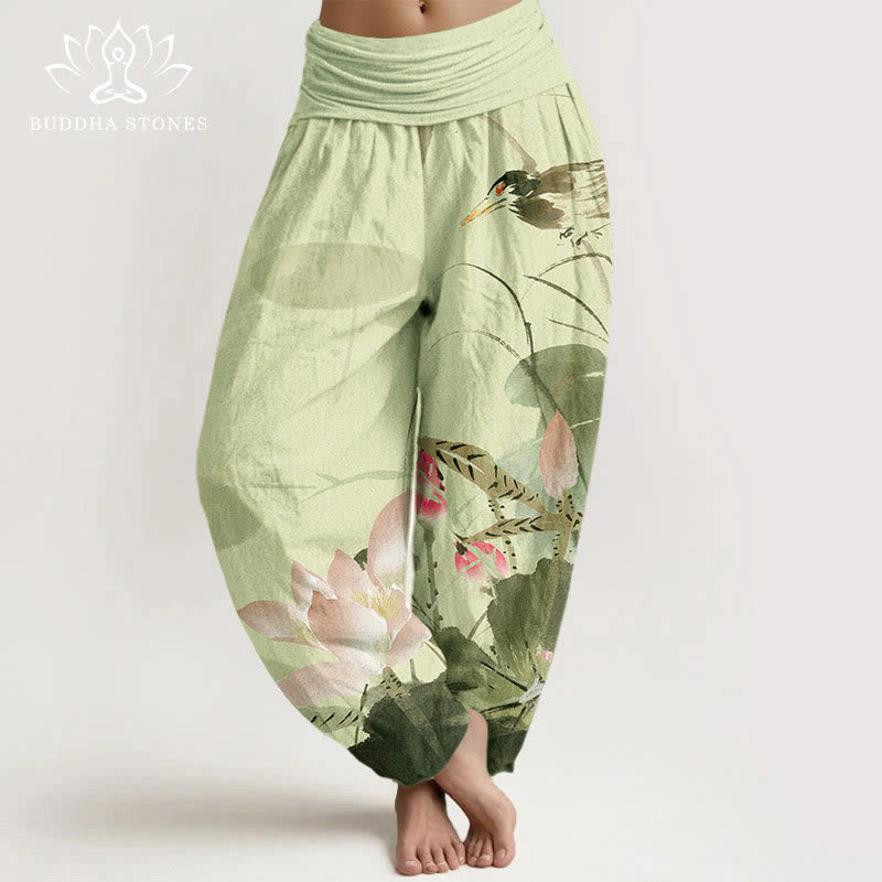 Buddha Stones Cotton Pink Lotus Leaves Bird Pattern Women's Elastic Waist Harem Pants - Khaki - US22，UK/AU26，EU54 (6XL) - image 0