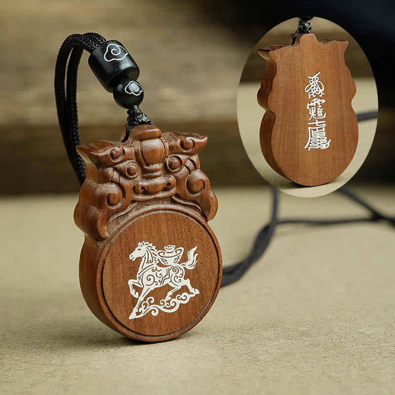 Buddha Stones Year Of The Horse Fu Character Ebony Wood Jujube Wood Balance Necklace Pendants - Jujube Wood Horse Ingot - image 5