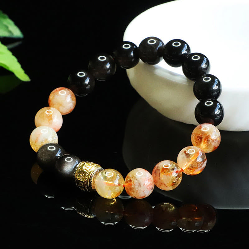 Buddha Stones Om Mani Padme Hum Silver Sheen Obsidian Citrine Protection Bracelet - image 1