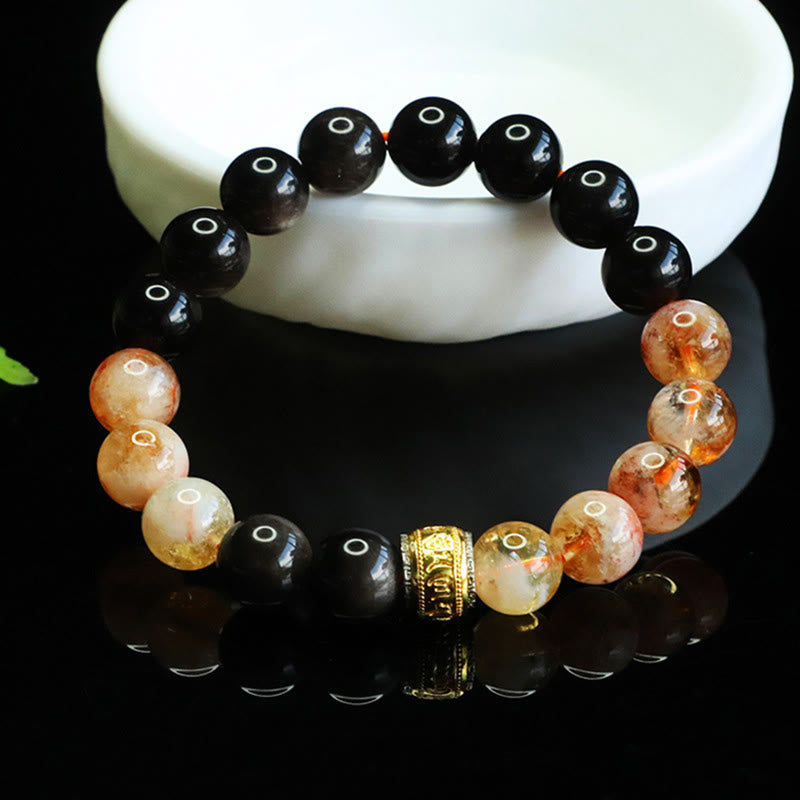 Buddha Stones Om Mani Padme Hum Silver Sheen Obsidian Citrine Protection Bracelet - image 2