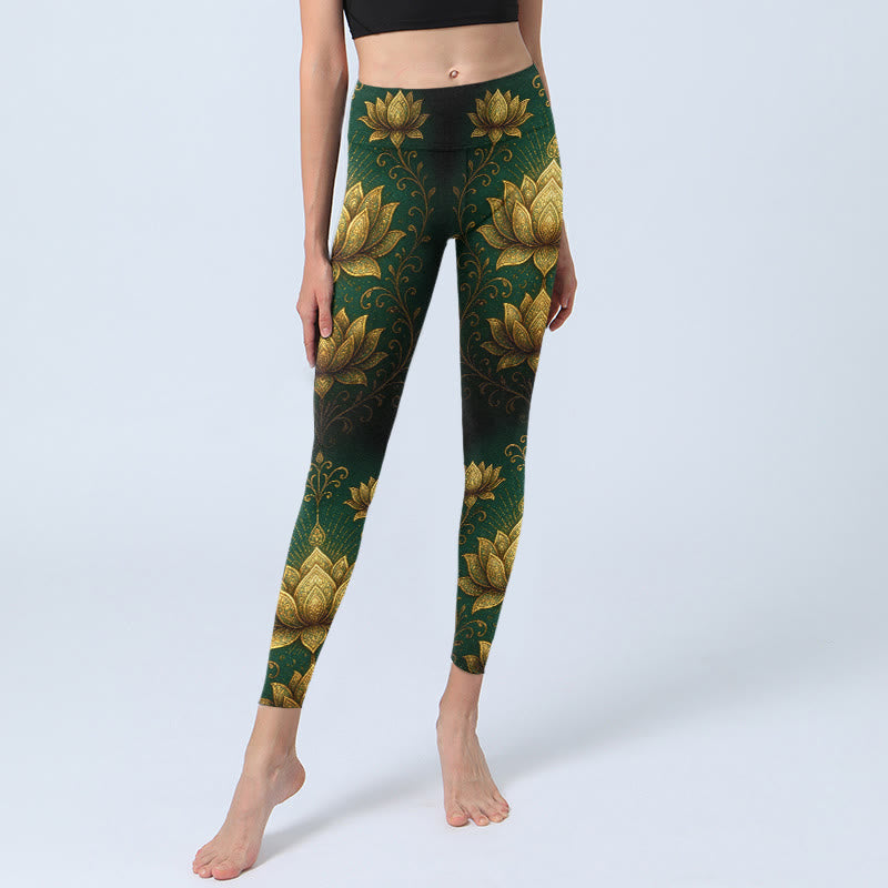Buddha Stones Golden Lotus Pattern Print Gym Leggings Women's Yoga Pants - image 5