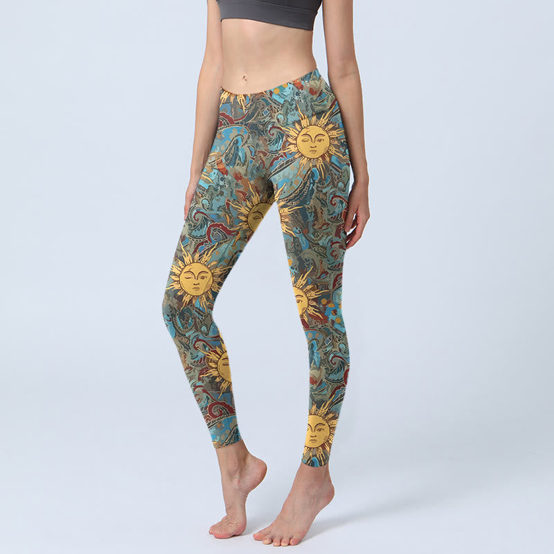 Buddha Stones Golden Personified Sun Pattern Print Gym Leggings Women's Yoga Pants - DarkCyan - US18，UK/AU22，EU50 (4XL) - image 0
