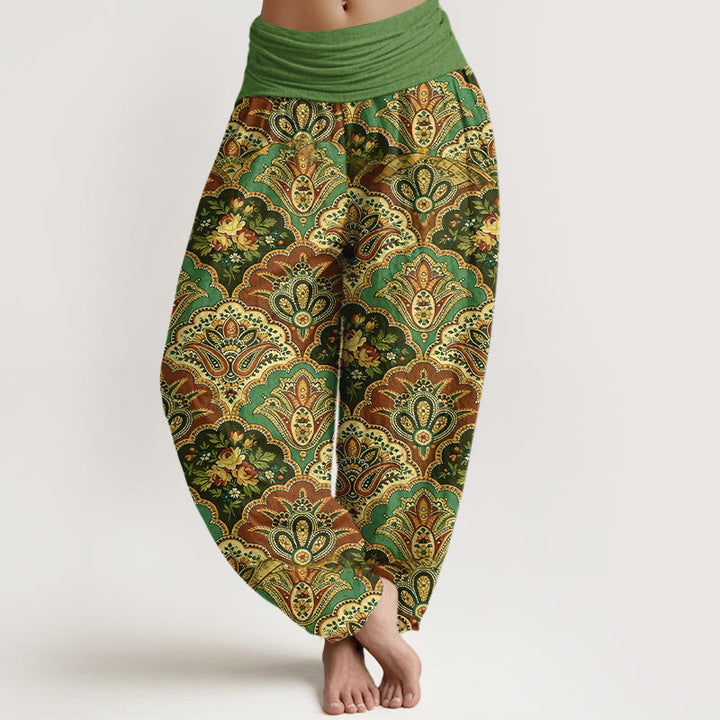 Buddha Stones Cotton Repetitive Fan Shape Flowers Leaves Pattern Women's Elastic Waist Harem Pants - Green - US16，UK/AU20，EU48 (3XL) - image 0