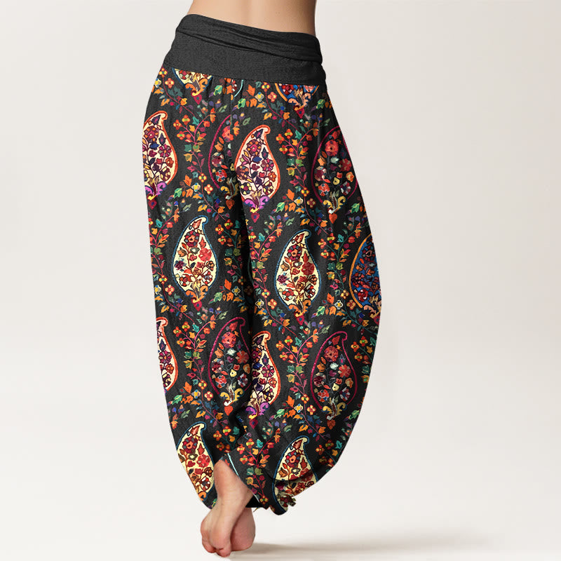 Buddha Stones Cotton Brightly Colored Retro Flowers Leaves Pattern Women's Elastic Waist Harem Pants - image 1