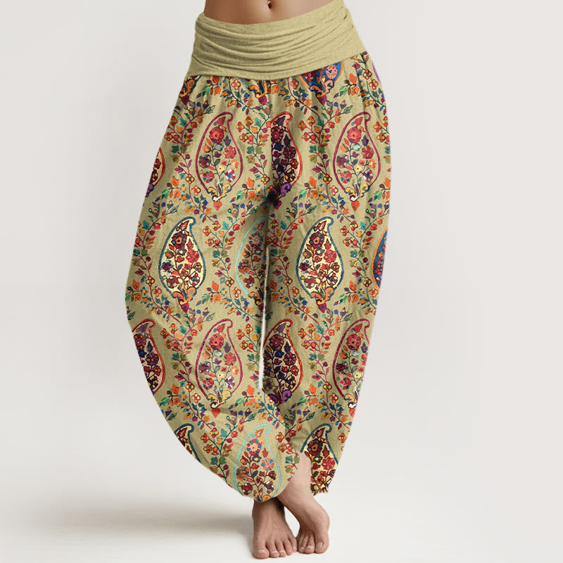 Buddha Stones Cotton Brightly Colored Retro Flowers Leaves Pattern Women's Elastic Waist Harem Pants - YellowGreen - US16，UK/AU20，EU48 (3XL) - image 5