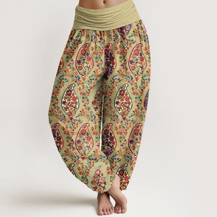 Buddha Stones Cotton Brightly Colored Retro Flowers Leaves Pattern Women's Elastic Waist Harem Pants - YellowGreen - US16，UK/AU20，EU48 (3XL) - image 5