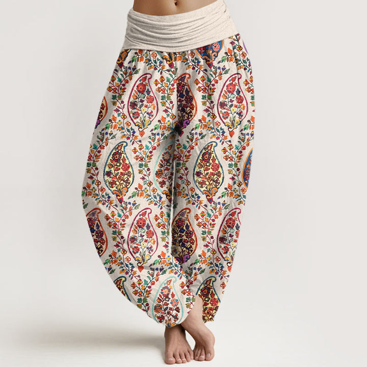 Buddha Stones Cotton Brightly Colored Retro Flowers Leaves Pattern Women's Elastic Waist Harem Pants - Beige - US16，UK/AU20，EU48 (3XL) - image 8