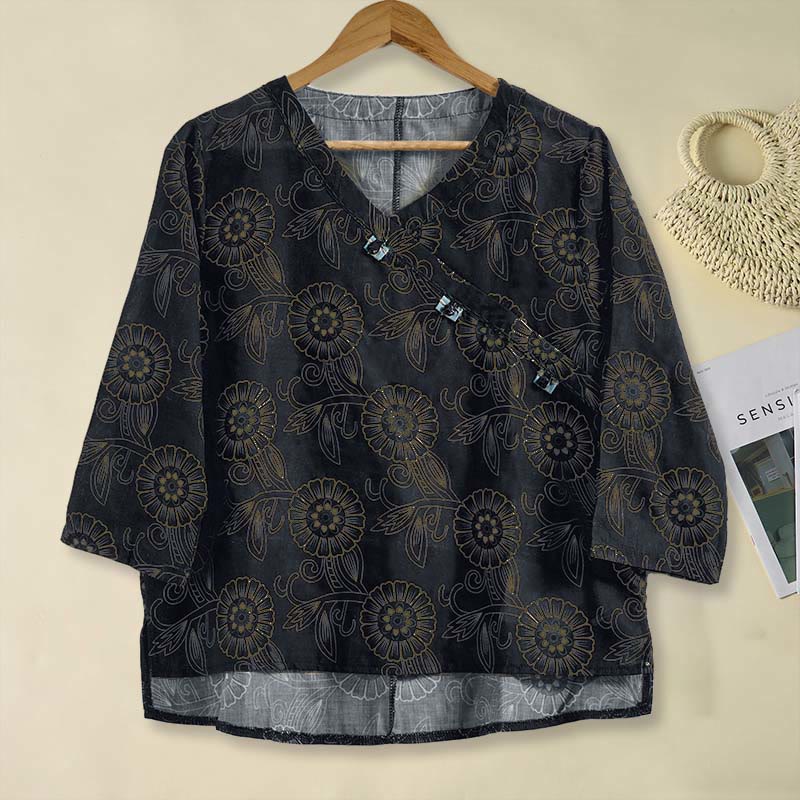 Buddha Stones Spring V-Neck Printed Floral Pattern Women's Long Sleeve Shirt - Black - US8-10，UK/AU12-14，EU40-42 (2XL) - image 11