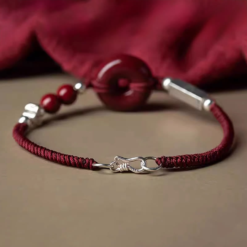 Buddha Stones 925 Sterling Silver Cinnabar Peace Buckle Connection Braid String Bracelet - image 2