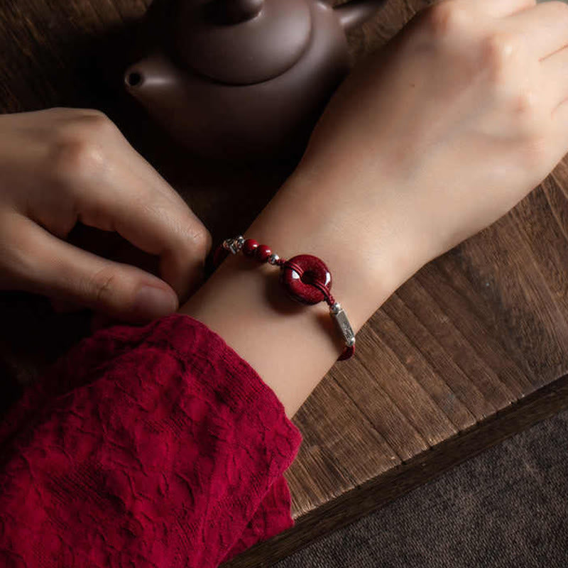 Buddha Stones 925 Sterling Silver Cinnabar Peace Buckle Connection Braid String Bracelet - image 6