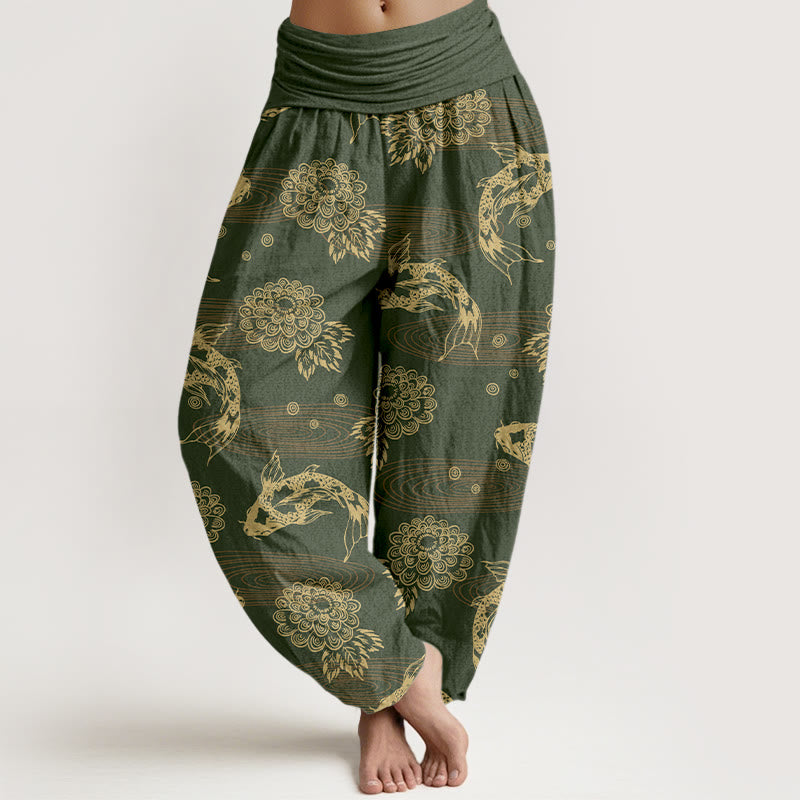 Buddha Stones Cotton Exquisite Koi Fish Flowers Leaves Curve Pattern Women's Elastic Waist Harem Pants - OliveDrab - US16，UK/AU20，EU48 (3XL) - image 5