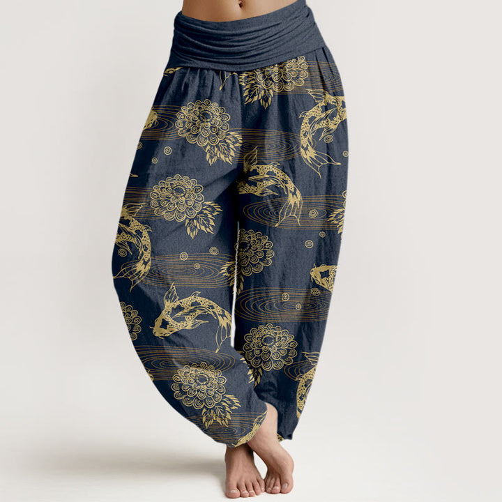 Buddha Stones Cotton Exquisite Koi Fish Flowers Leaves Curve Pattern Women's Elastic Waist Harem Pants - DarkSlateBlue - US16，UK/AU20，EU48 (3XL) - image 8