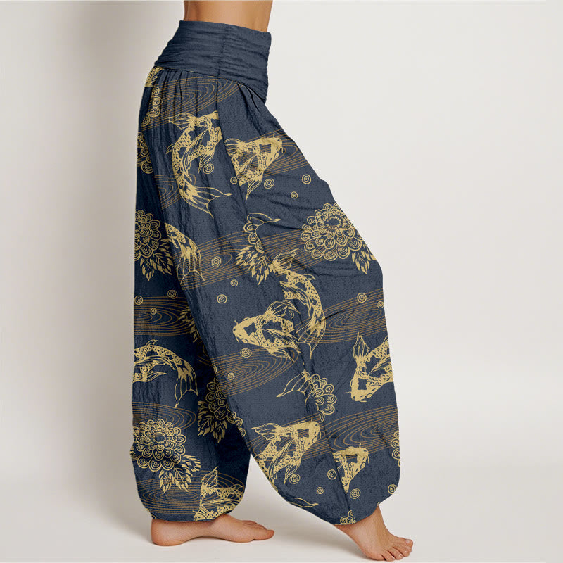 Buddha Stones Cotton Exquisite Koi Fish Flowers Leaves Curve Pattern Women's Elastic Waist Harem Pants - image 10
