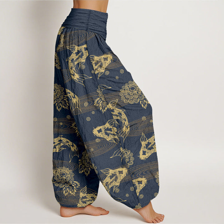 Buddha Stones Cotton Exquisite Koi Fish Flowers Leaves Curve Pattern Women's Elastic Waist Harem Pants - image 10