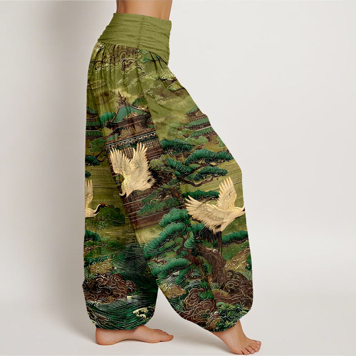 Buddha Stones Cotton Exquisite Crane Architecture Pine Tree Cloud Pattern Women's Elastic Waist Harem Pants - image 7