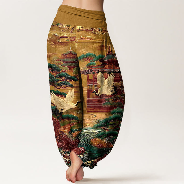 Buddha Stones Cotton Exquisite Crane Architecture Pine Tree Cloud Pattern Women's Elastic Waist Harem Pants - image 9