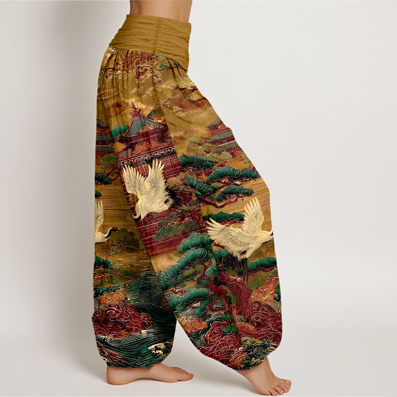 Buddha Stones Cotton Exquisite Crane Architecture Pine Tree Cloud Pattern Women's Elastic Waist Harem Pants - image 10