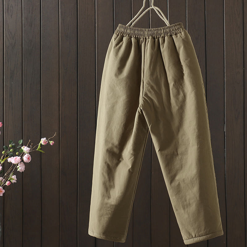 Buddha Stones Flower Pattern Cotton Polyester Embroidery Thick Women's Pants With Pockets - image 7