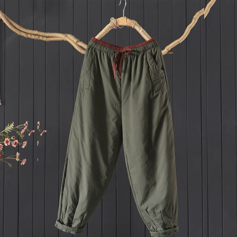 Buddha Stones Plain Color Blocking Cotton Polyester Thick Women's Pants With Pockets - DarkOliveGreen - US12，UK/AU16，EU44 (3XL) - image 0
