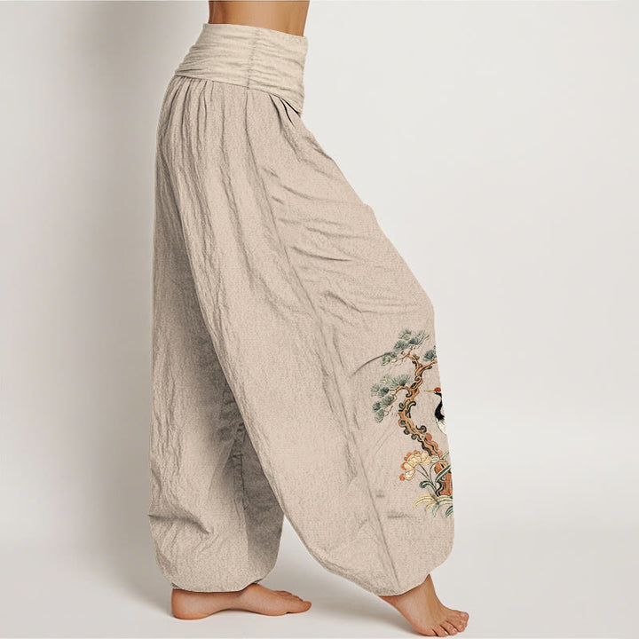 Buddha Stones Pure Cotton Crane Pine Tree Flower Grass Pattern Women's Elastic Waist Harem Pants - image 2