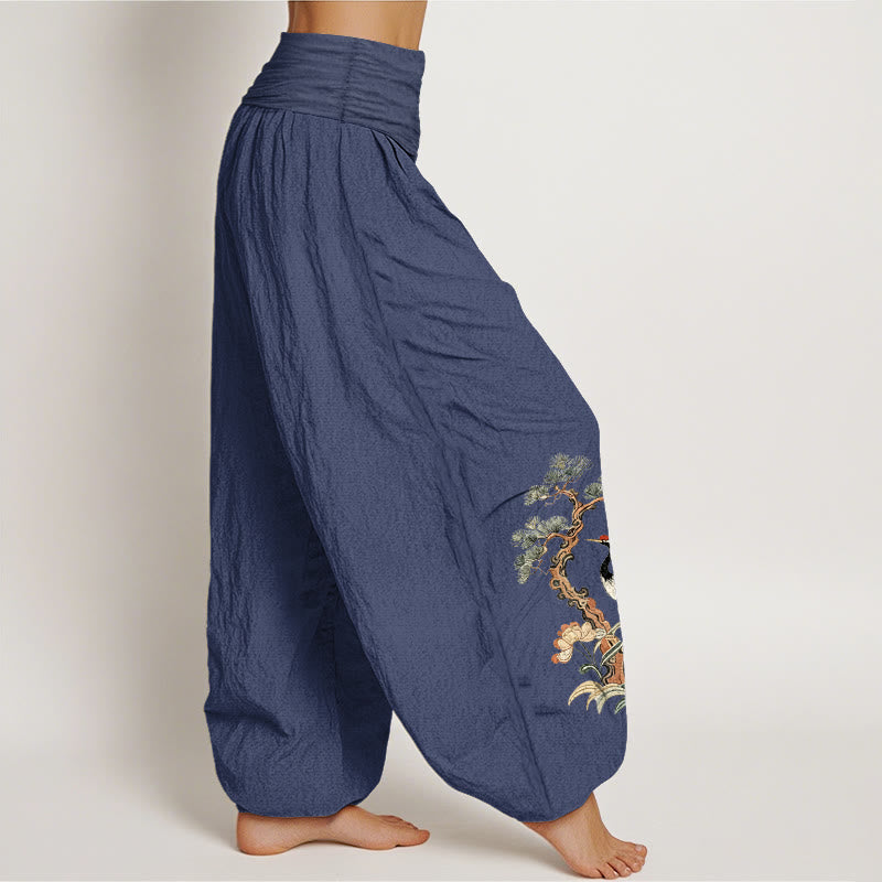 Buddha Stones Pure Cotton Crane Pine Tree Flower Grass Pattern Women's Elastic Waist Harem Pants - image 10