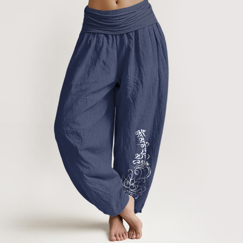 Buddha Stones Pure Cotton Simple Om Mani Padme Hum Lotus Pattern Women's Elastic Waist Harem Pants - DarkSlateBlue - US16，UK/AU20，EU48 (3XL) - image 5
