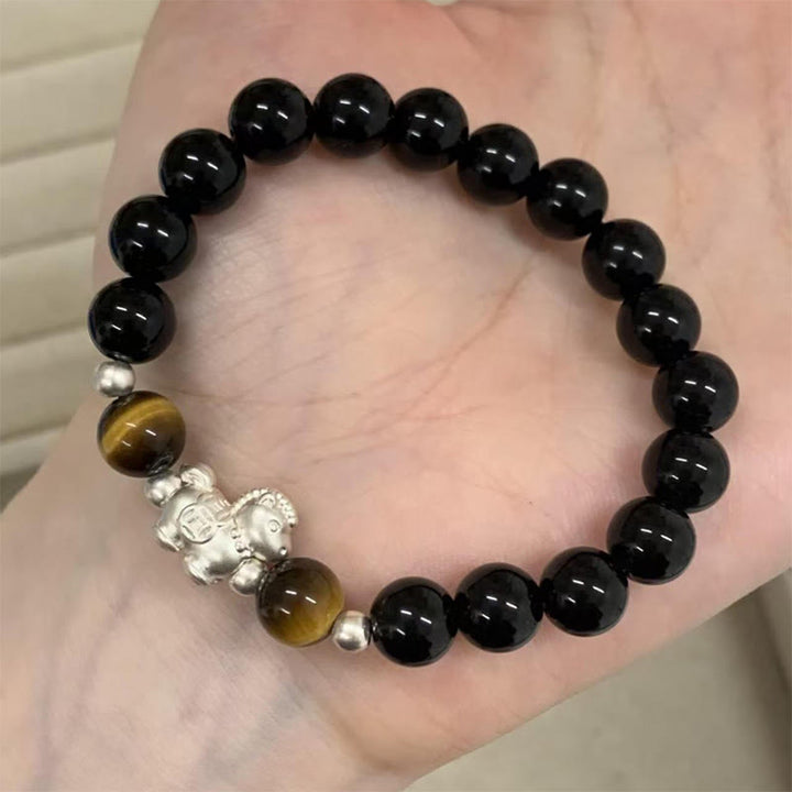 Buddha Stones Year Of The Horse 999 Sterling Silver Horse Charm Black Obsidian Tiger Eye Strength Bracelet - image 7