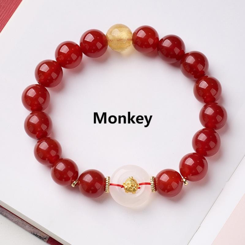 Buddha Stones Chinese Zodiac Year Of The Horse Peace Buckle Red Agate White Chalcedony Confidence Bracelet - Monkey - image 24