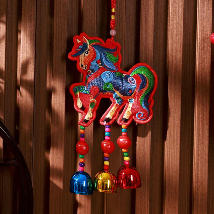 Buddha Stones Year Of The Horse Embroidery Bell Tassel Hanging Decoration - Red Background Colorful Horse Bell(10*13cm) - image 4
