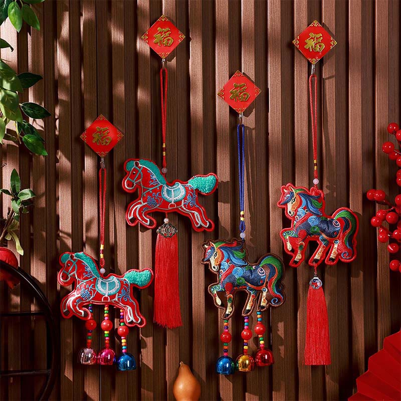 Buddha Stones Year Of The Horse Embroidery Bell Tassel Hanging Decoration - image 0