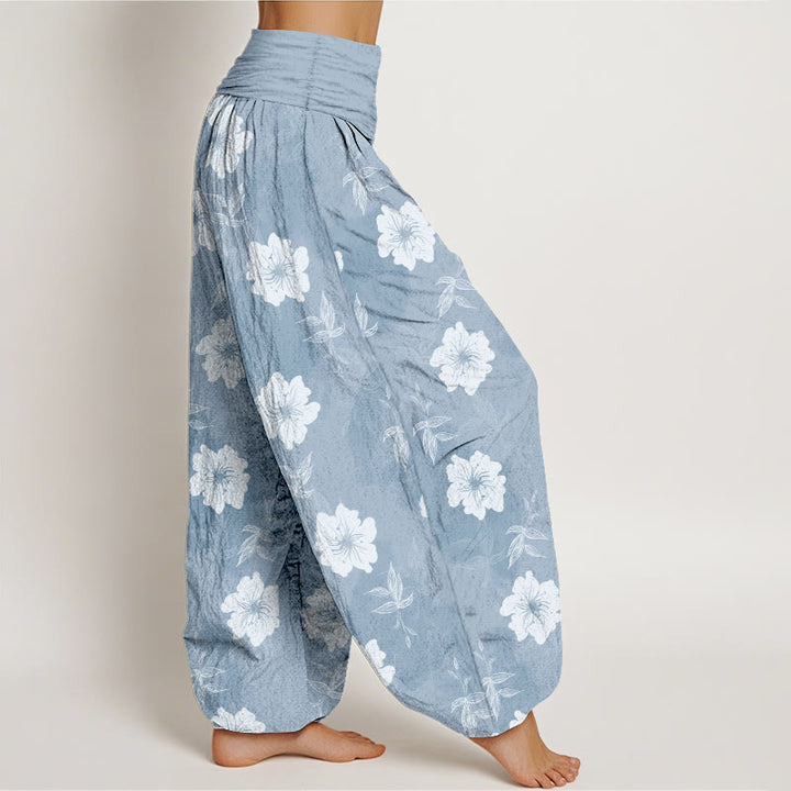 Buddha Stones Pure Cotton White Flowers Grass Women's Elastic Waist Harem Pants - image 2