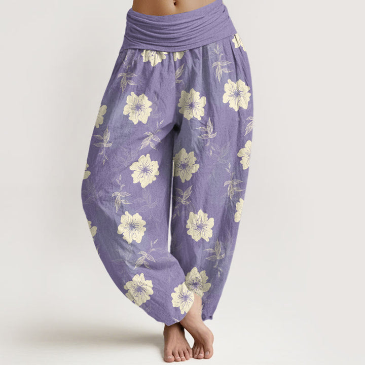 Buddha Stones Pure Cotton White Flowers Grass Women's Elastic Waist Harem Pants - Plum - US16，UK/AU20，EU48 (3XL) - image 5