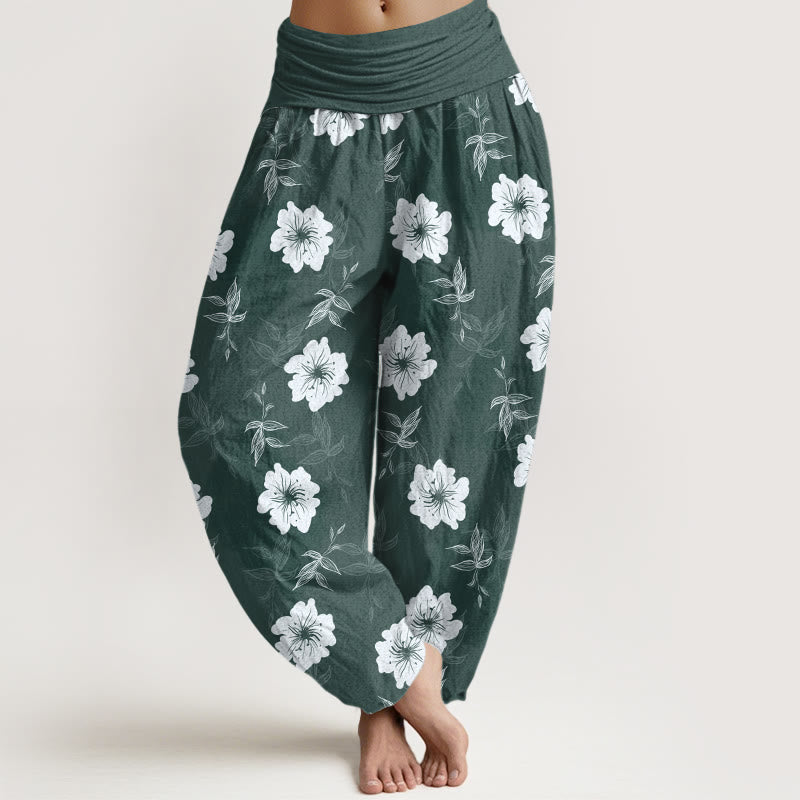 Buddha Stones Pure Cotton White Flowers Grass Women's Elastic Waist Harem Pants - SeaGreen - US16，UK/AU20，EU48 (3XL) - image 8