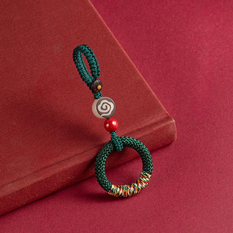 Buddha Stones Handwoven Colorful Thread String Buckle Ivory Fruit Cinnabar Key Chain Phone Hanging Decoration - Green Key Chain - image 1