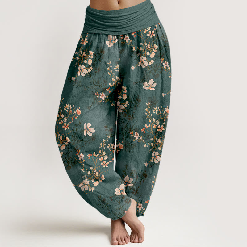 Buddha Stones Pure Cotton Cherry Blossom Women's Elastic Waist Harem Pants - Teal - US16，UK/AU20，EU48 (3XL) - image 8