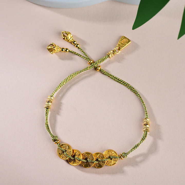 Buddha Stones Five-Emperor Coins Copper Balance Hand-Woven String Bracelet  - Green Five Emperors Coins(Wrist Circumference: 16-19cm) - image 13