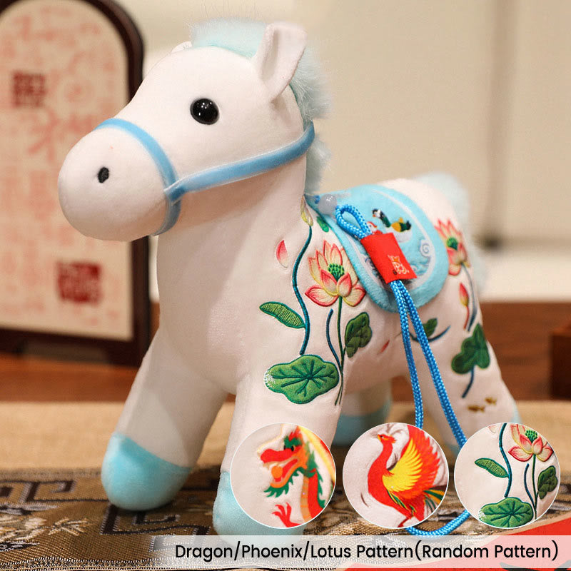 Buddha Stones Year of the Horse Bamboo Dragon Lotus Phoenix Plush Doll Home Decoration - White Blue Dragon/Phoenix/Lotus Horse(Random Pattern) - 20*9.5*16cm - image 17