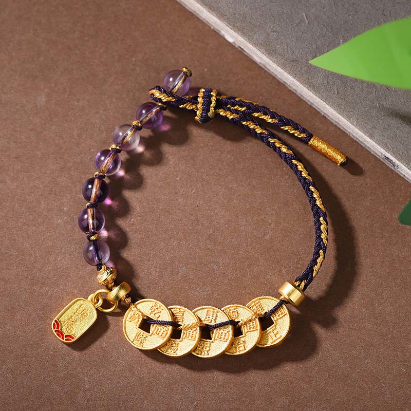 Buddha Stones Five-Emperor Coins Copper Amethyst Cinnabar Black Red String Balance Attract Fortune Bracelet - Copper Amethyst Black Rope(Wrist Circumference: 16-19cm) - image 12