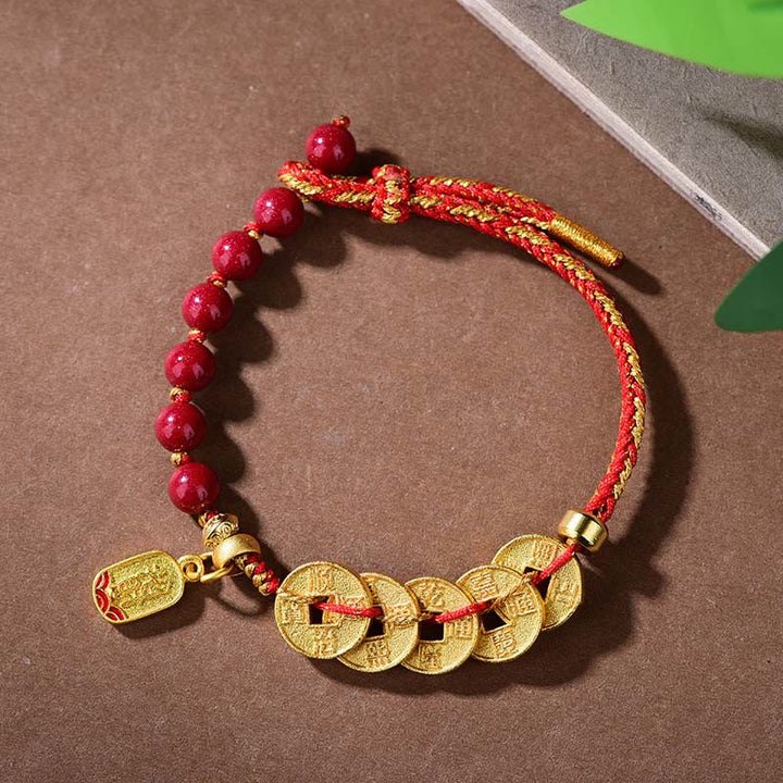 Buddha Stones Five-Emperor Coins Copper Amethyst Cinnabar Black Red String Balance Attract Fortune Bracelet - Copper Cinnabar Red Rope(Wrist Circumference: 16-19cm) - image 0