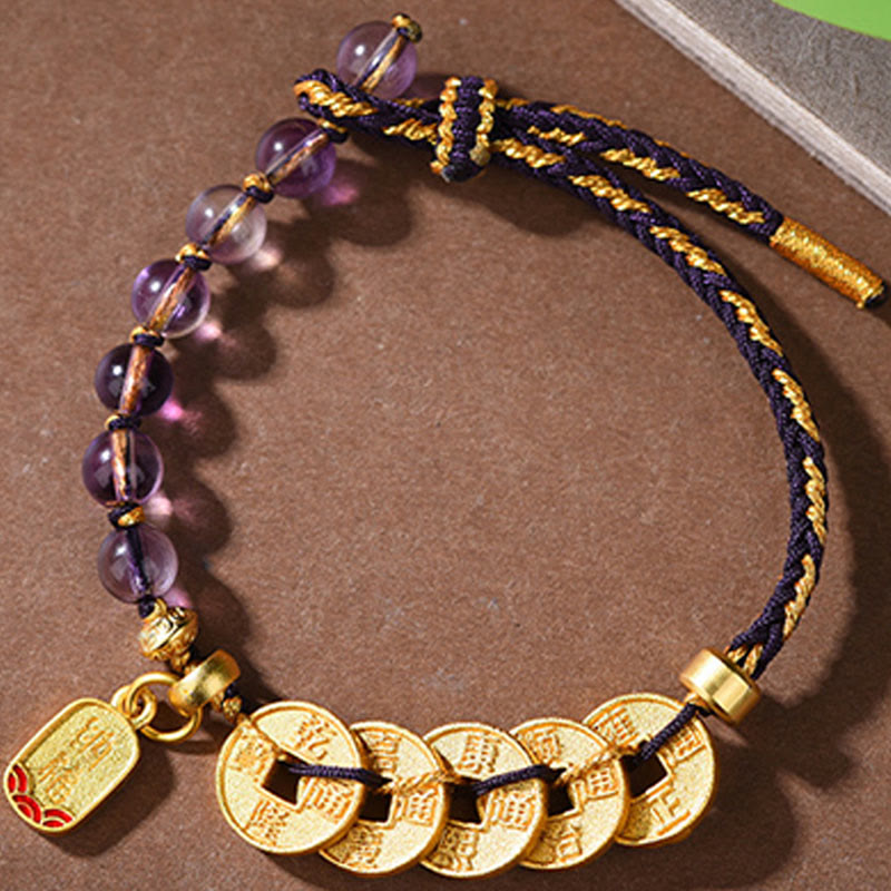 Buddha Stones Five-Emperor Coins Copper Amethyst Cinnabar Black Red String Balance Attract Fortune Bracelet - image 2