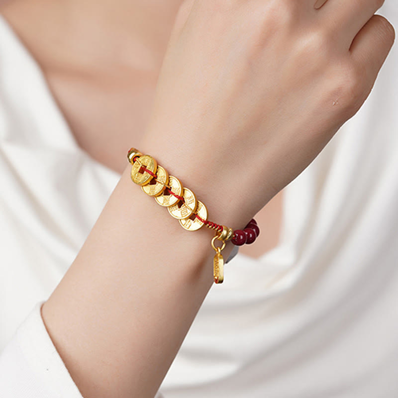 Buddha Stones Five-Emperor Coins Copper Amethyst Cinnabar Black Red String Balance Attract Fortune Bracelet - image 3