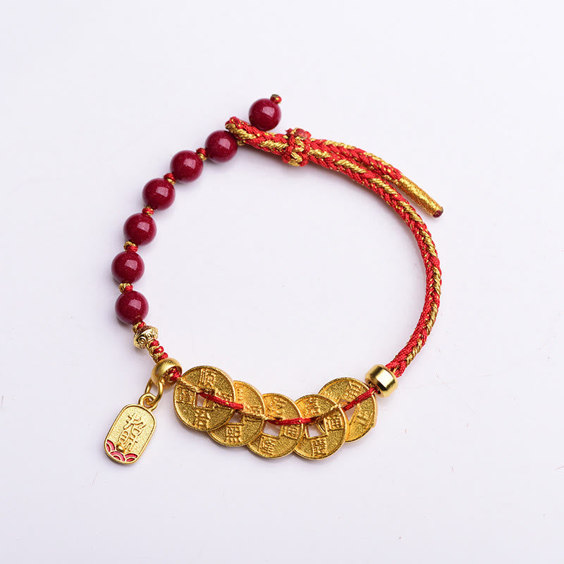 Buddha Stones Five-Emperor Coins Copper Amethyst Cinnabar Black Red String Balance Attract Fortune Bracelet - image 2