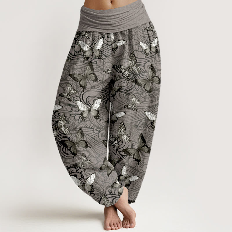 Buddha Stones Pure Cotton Gray Black Butterfly Striped Women's Elastic Waist Harem Pants - DarkGray - US16，UK/AU20，EU48 (3XL) - image 0